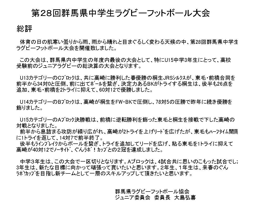第２８回群馬県中学生ラグビーフットボール大会